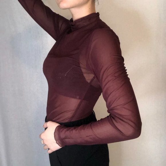 Maroon Mesh Cover Up Top, Long Sleeved Low Turtleneck - Picture 6 of 10